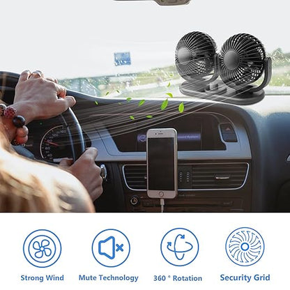 12V Car Fans Cooling Air Fan Powerful Dashboard Electric Dual Car Fan Cigarette Lighter Low Noise 360 Degree Rotatable for Truck Vehicle Boat Van SUV RV