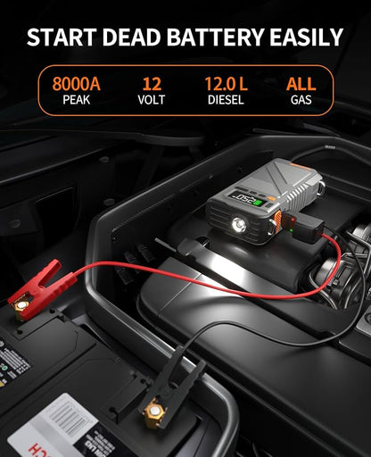 Portable Car Jump Starter with Air Compressor, 8000A Jump Box Combo 150PSI Tire Inflator, 12V Vehicle Jumpstarter Power Pack for All Gas/12L Diesel