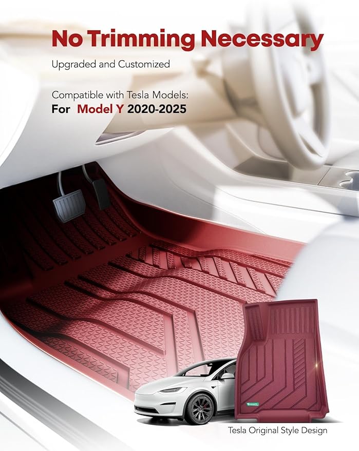 YHTAUTO Custom Fit Red Car Floor Mats for Tesla Model Y 2025-2020 5 Seater, All Weather TPE Car Mats Carpet, Front Rear Trunk Cargo Storage Liner Mats, Anti-Slip Waterproof, Set of 6