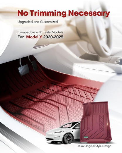 YHTAUTO Custom Fit Red Car Floor Mats for Tesla Model Y 2025-2020 5 Seater, All Weather TPE Car Mats Carpet, Front Rear Trunk Cargo Storage Liner Mats, Anti-Slip Waterproof, Set of 6