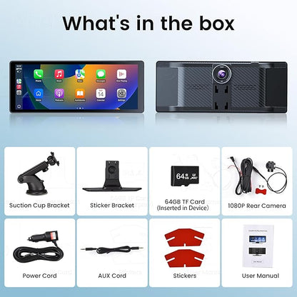 10.26" Carplay Screen for Car,4K Dash Cam,Portable Tablet for Apple Android Auto,Voice Touch Control GPS Navigation,Stereo Audio Radio,Rear Backup Camera,Bluetooth,Wireless Mirror for Truck
