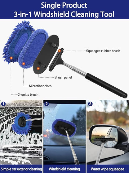 3 in 1 Car Windshield Cleaner Tool 40”Car Rearview Mirror Wiper Squeegee Wash Brush Extra Large Washable Microfiber Pad Extendable Handle Auto Window Glass Cleaning Kit Interior Exterior Dusting