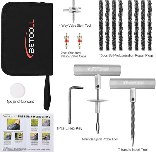 Tire Repair Kit, 24 Pcs Professional Heavy Duty Universal Emergency Flat Tire Repair Kit to Fix Punctures, for car Motorcycle, Truck, Golf Cart, ATV, Tractor, ARB, RV, SUV, Trailer etc.(Black)