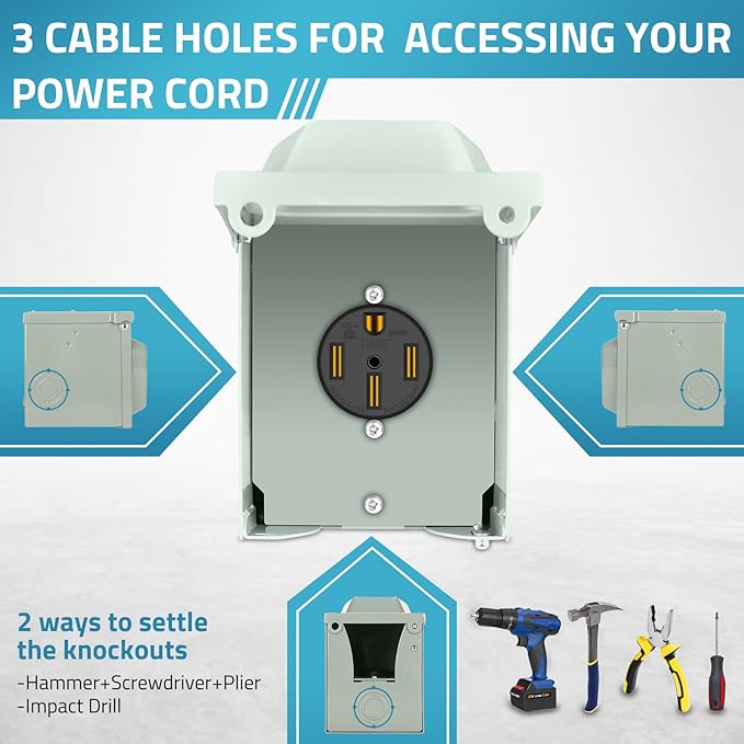 PAULINN 50 Amp RV Outlet Box, Nema 14-50R Outlet 125/250 Volt RV Plug w/Anti-Theft Lockable Swing Cover, UL Listed & Weatherproof for Camper, Electric Car, Tesla