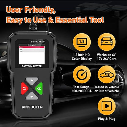 KINGBOLEN BM550 Plus 6V-24V 100-2000 CCA Car Battery Tester, Voltage Waveform Analyzer for Cars Trucks SUV Motorcycle