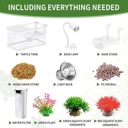 (Tank + Light + Filter + Filter Balls) Turtle Tank Kit, Turtle Tank Starter Kit,Bottom Drainage, Multi-Function Areas for Turtles, Crabs,Fishes, Amphibians,Reptiles. (15.75 x 8.64 x 8.64 Inch)