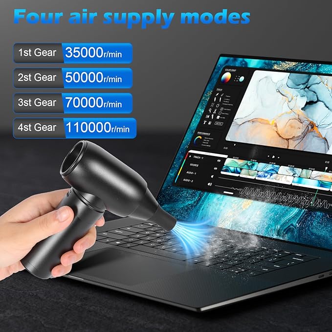 Air Duster Jet and Vacuum 2 in 1, 4 Gears Adjust, Rechargeable Portable Cordless Electronics for PC Keyboard, Car, Camping, housecleaning, Car Detailing, Fully Charge Before Use