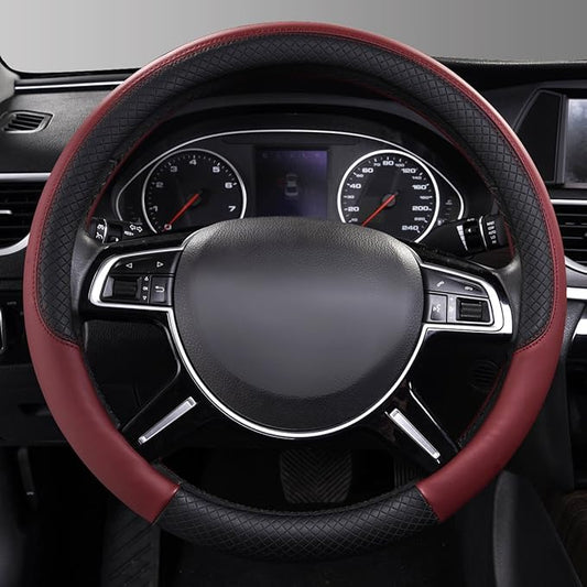 CAR PASS Rhombus Leather Universal Steering Wheel Cover, Fit for Suvs,Trucks,Cars,Sedans,Vans (Black&Burgundy)