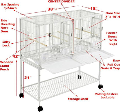 1/2/3-Combo Stacker Center Divided Breeder Breeding Bird Flight Double Rolling Cage for Aviaries Canaries Cockatiels Lovebirds Finches Budgies Small Parrots