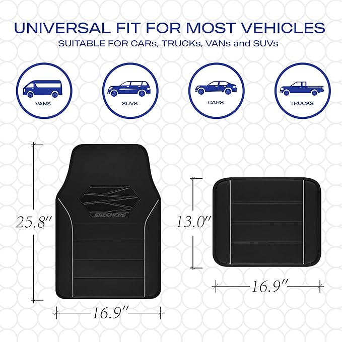Skechers Memory Foam Car Mats,Leather Piping Floor Mats with Anti-Slip Pad,Universal Waterproof Fit Automotive Floor Mats for SUV,Vans,sedans,Trucks,Full Set 4pcs Grey