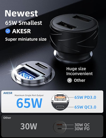 65W USB C Car Charger Fast Charging，12V USB Outlet Accesorios para Carro，Compact Cigarette Lighter Adapter，Car Phone Charger for iPhone/16/15/14/13/12 Samsung S25 S24 S23Google Android