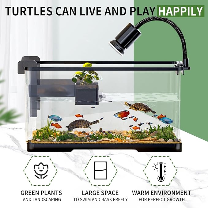 (Tank + Light + Filter Balls) Turtle Tank Kit, Turtle Tank Starter Kit,Bottom Drainage, Multi-Function Areas for Turtles, Crabs,Fishes, Amphibians,Reptiles. (15.75 x 8.64 x 8.64 Inch)