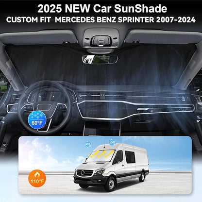 Custom Fit Benz Sprinter Windshield Sunshade for 2007-2025 2026 Mercedes Benz Sprinter Freightliner Cargo Crew Passenger Motorhome Accessories Window Shades Cover for Windshield Sun Visor Blocks UV