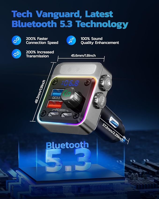 Nulaxy 54W Bluetooth 5.3 Car Adapter with 4 Charging Ports [PD 36W & QC3.0 18W], Wireless Radio FM Transmitter with Deep Bass Player & 5 Colors LED Backlit, Hands-Free Calling - Silver