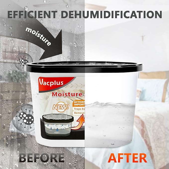 Vacplus Moisture Absorbers 6 Pack, 10.5 Oz Portable Humidity Absorber Boxes for Your Bathroom, Closet & Car, Dehumidifier with Activated Carbonfor, Black