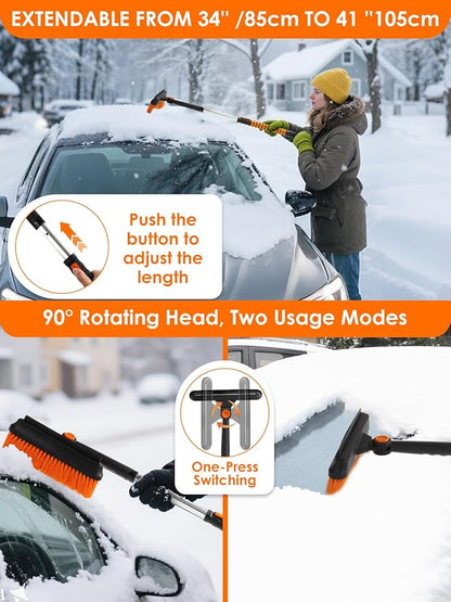 90° Fixed Rotation 3-in-1 Car Snow Brush and Ice Scraper for Cars Windshield with Silicone Squeegee Ergonomic Aluminum Foam Grip Handle 43.3" Extendable for Car Truck SUV Home Winter Snow Removal