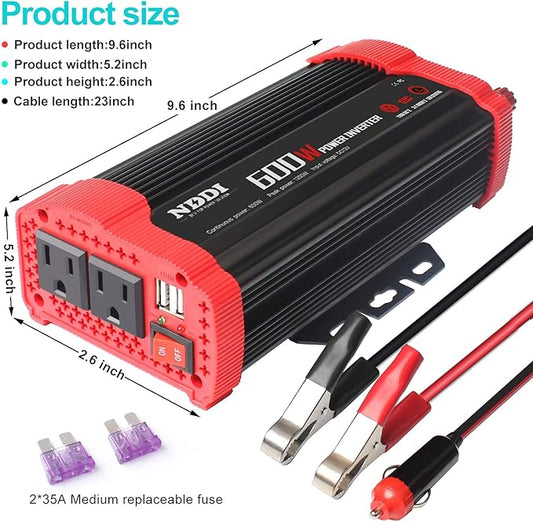 600W Car Power Inverter 12V DC to 110V AC Converter with 3.1 A Dual USB Quick Car Charger Adapter for Laptops and Smartphones