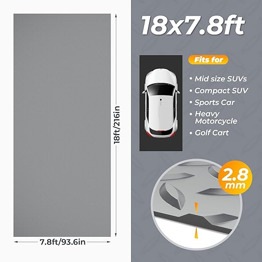Geemax 7.8 x 18 FT Garage Floor Mats for Under Car, 2.8mm Thickened Rubber Garage Flooring Roll, M Size 140.4 SQFT Garage Car Mat for Mid-Size SUVs, Sports Car