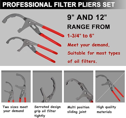 10PCS Oil Filter Wrench Set, 9" & 12" Oil Filter Pliers, 3 Jaw Oil Filter Wrench Tool with Oil Funnel for Oil Change Adjustable From 1-3/4" to 6"