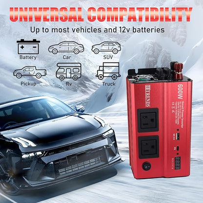 HITRENDS 600W Car Inverter, 12V DC to 110V AC, with 2 AC outlets, USB QC (18W) and Type-C (30W), Perfect for Camping, RVs, laptops, CE, FCC, ROHS Certified