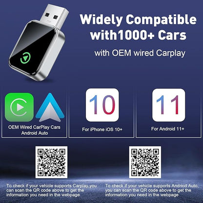 Wireless CarPlay Adapter for Apple iPhone, Fast Auto-Connect, No Latency, Plug and Play, Bluetooth 5.3 & WiFi 6, 2025 Mini Car Play Dongle for iPhone 6~16, Fit for 1000+ Cars, USB A/C