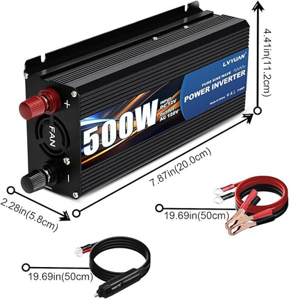 LVYUAN 500 Watt Pure Sine Wave Power Inverter 12V to 110V/120V DC to AC Converter with Dual Sockets, Dual USB Ports, LED Display for Home Outdoor RV Car Power Inverter Power Adapter