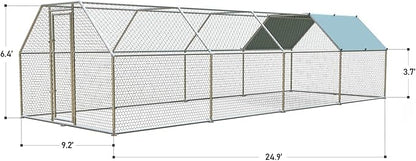 1.26’’ Large Metal Chicken Coop Walk in, Chicken Pen for Chickens, Outdoor Chicken Runs Coops Dog Kennel, Flat Roofed Chicken Runs for Yard with Anti-Ultraviolet Cover (9.2’L x 25’W x 6.4’H)