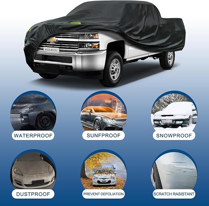 KouKou Truck Cover Waterproof All Weather, 7 Layers Heavy Duty Pickup Truck Cover Outdoor Length from 210 to 232 inches,Universal Fit Ford F150, Nissan Frontier, Toyota Tacoma, GMC Canyon etc.