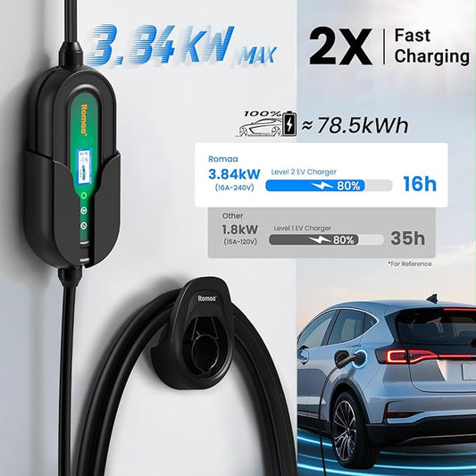 Level 1&2 Portable EV Charger (APP Control & Timer), Adjustable 8-16A 110V-240V, Dual Plugs: NEMA 6-20 & 5-15, 25FT Charging Cable w/ J1772 Connector, ETL/FCC Certified for All EVs/PHEVs