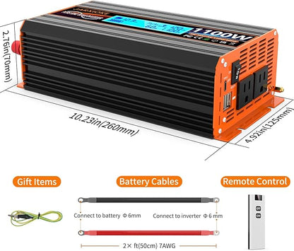 1100 Watt Pure Sine Wave Power Inverter 12V DC to 110V 120V Converter for Family RV Off Grid Solar System Car with Type-C Ports 2 AC Power Outlets Dual USB Ports LCD Display Wireless Remote Control…