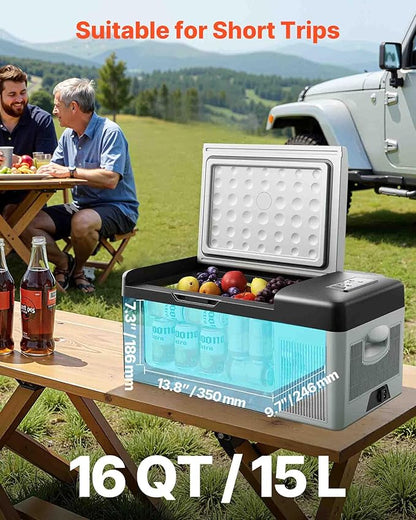 VEVOR 12 Volt Refrigerator 16 Qt, Gre,Portable Mini Car Fridge with -4℉-68℉ Cooling Range & App Control 12/24V DC & 110-240V AC Electric Compressor Cooler for Truck Vehicle RV Boat Outdoor & Home Use