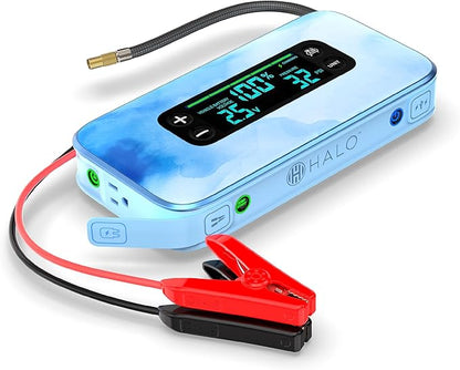 HALO Bolt Ultimate 3 Portable Car Battery Jump Starter | 130 PSI Air Compressor, 55.5Wh USB Power Bank, Large Display, Emergency Floodlight & Charger, Jumps Cars SUVs & Trucks, Inflates Tires — Blue