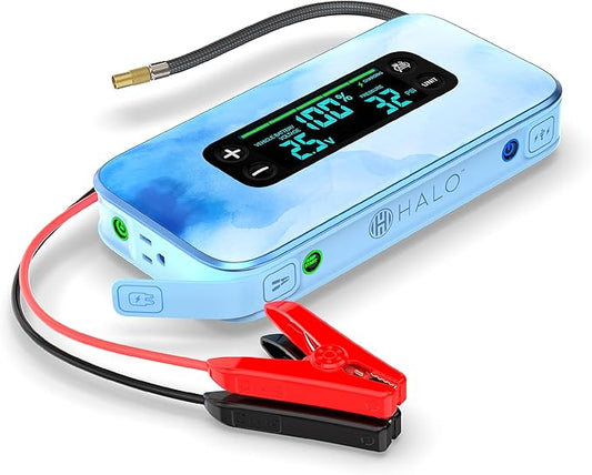 HALO Bolt Ultimate 3 Portable Car Battery Jump Starter | 130 PSI Air Compressor, 55.5Wh USB Power Bank, Large Display, Emergency Floodlight & Charger, Jumps Cars SUVs & Trucks, Inflates Tires — Blue