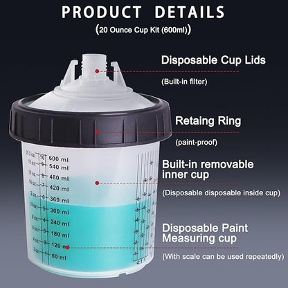 Disposable Paint Mixing Cup 20 Ounce (600ml) Kit,HVLP Paint Sprayer Gun Mixing Cups with 50 Cups and Lids System, 10 Plugs and 1 Hard Cup with Retainer Ring, 2 Cup Adapter,Paint Stirrer (50)