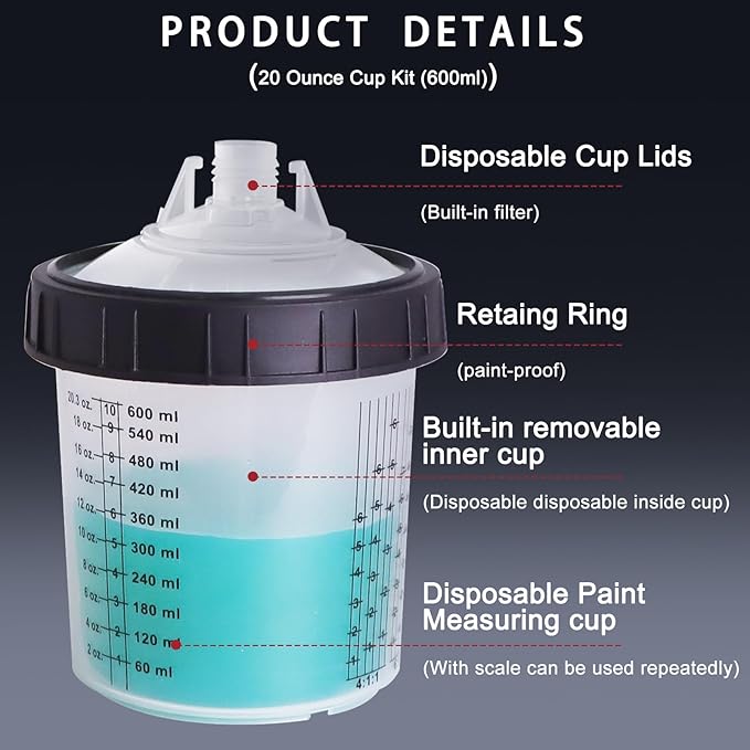 Disposable Paint Mixing Cup Kit,HVLP Paint Sprayer Gun Mixing Cups 20 Ounce (600ml) Kit with 10 Cups and Lids System, 2 Plugs and 1 Hard Cup with Retainer Ring, 1 Cup Adapter,Paint Stirrer (10)