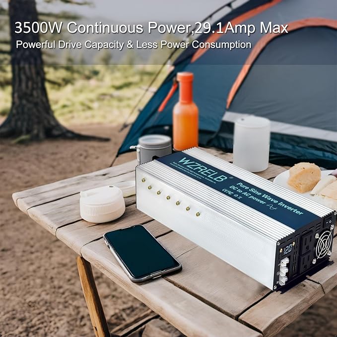WZRELB 3500W Pure Sine Wave Inverter, Car Power Inverter 12V DC to 110V 120V AC Converter for RV, Truck, Solar, Outdoor with Dual AC Outlets, Hardwire Port, Surge 7000W, LED Display,Off-Grid