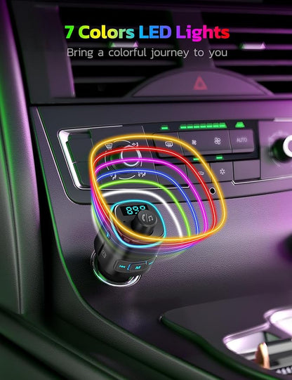 Nulaxy Bluetooth FM Transmitter, QC3.0 Fast Charge Bluetooth Car Adapter, Wireless Radio Car Kit with 7 Color LED Backlit, USB Flash Drive, microSD Card, Glossy Black