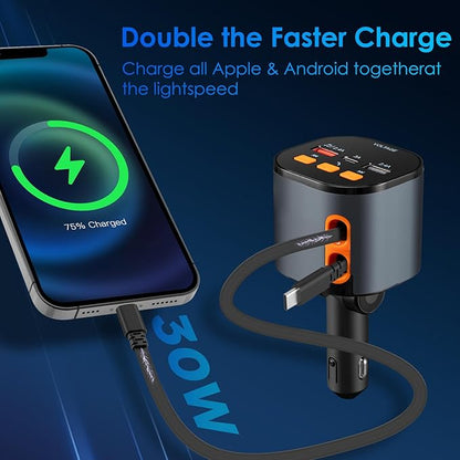 Retractable Car Charger,5 in 1 Fast Car Phone Charger 90W,Bluetooth 5.3 FM Transmitter Adapter,Handsfree Call,2 Retractable Cables and USB Cars Chargers for iPhone 15/14/13 (Black)