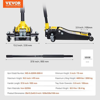 VEVOR Low Profile Floor Jack 2 Ton (4400 lbs), Heavy Duty Iron Hydraulic Racing Floor Jack, Hydraulic Car Jack, Dual Piston Quick Lift Pump, 3"-18.5" Height Lifting Range (Yellow)