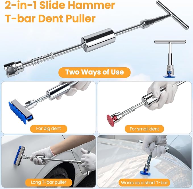 134PCS Dent Puller, Paintless Dent Removal Kit – All-in-One Car Dent Puller Kit with Slide Hammer 2 in 1 T-Bar, Golden Lifter, Bridge Puller–Dent Repair for Hail, Dings