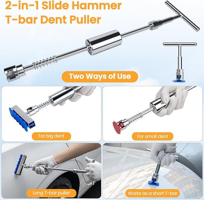 134PCS Dent Puller, Paintless Dent Removal Kit – All-in-One Car Dent Puller Kit with Slide Hammer 2 in 1 T-Bar, Golden Lifter, Bridge Puller–Dent Repair for Hail, Dings