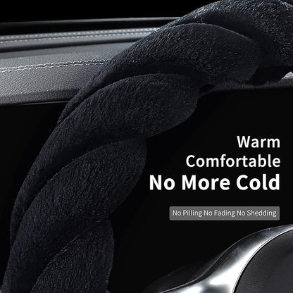 Luxury Fluffy Winter Car Steering Wheel Cover for Women Soft Warm Cute Auto Handle Cover for Jeep, Truck, Van, F150, Fuzzy, Anti Slip, Black, Large Size, 15.2-16in