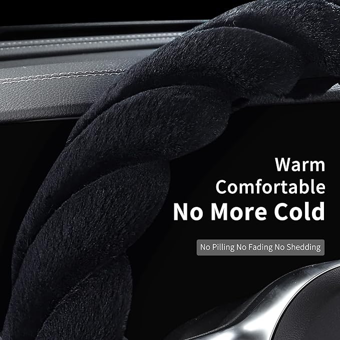 Luxury Fluffy Winter Car Steering Wheel Cover for Women Soft Warm Plush Cute Auto Accessories for Vehicle, Sedan, Universal, Fuzzy, Anti Slip, Black, Standard Size, 14.75-15.15"
