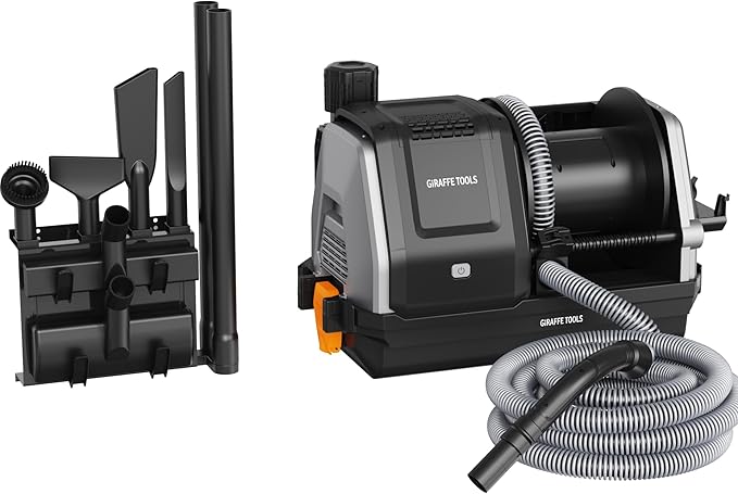 Giraffe Tools Grandstorm Retractable Vacuum Cleaner with 30 FT Hose Wall Mounted, Wet Dry Vacuum Cleaner with 6 Nozzles for Car Detailing Normal Version, Grey （No Remote Control Function）