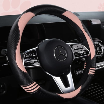 Car Steering Wheel Covers for Women Padded Carbon Fiber PU Leather Cute Auto Interior Accessories for Vehicle, Sedan, Universal, Anti Slip, Pink, Standard Size 14.5-15"(37-38cm)