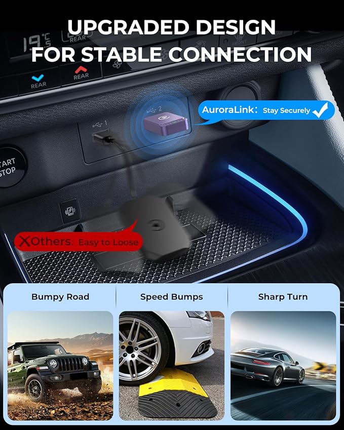 AuroraLink Wireless Carplay Adapter & Android Auto Wireless Adapter 2-in-1 Fast & Stable Carplay Wireless Adapter Convert Wired to Wireless Car Play Adapter for iOS 10+/Android 11+ (Dark Purple)