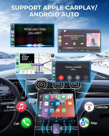 AuroraLink Wireless Carplay Adapter & Android Auto Wireless Adapter 2-in-1 Fast & Stable Carplay Wireless Adapter Convert Wired to Wireless Car Play Adapter for iOS 10+/Android 11+ (Dark Purple)