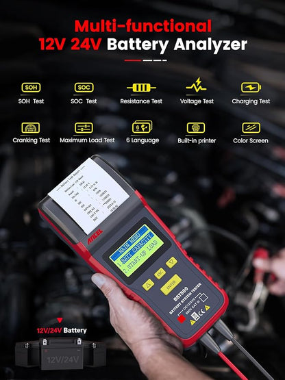 ANCEL BST500 Car Battery Tester with Printer, 12v 24v Automotive Battery Load Tester, Cranking Charging System Analyzer, 99.99% Accuracy for Car Motorcycles Truck SUV ATV RV and More