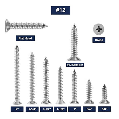 #12 x 5/8" Wood Screw 100Pcs 18-8 (304) Stainless Steel Screws Flat Head Phillips Fast Self Tapping Drywall Screws by SG TZH