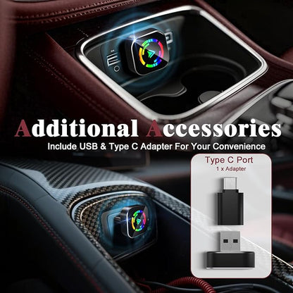 Wireless CarPlay Adapter for iPhone, 2025 Upgraded Wired to Wireless for Apple CarPlay, Mini USB Design Car Play Adapter with Type-C Extension, Plug and Play, Stable Connection & No Latency